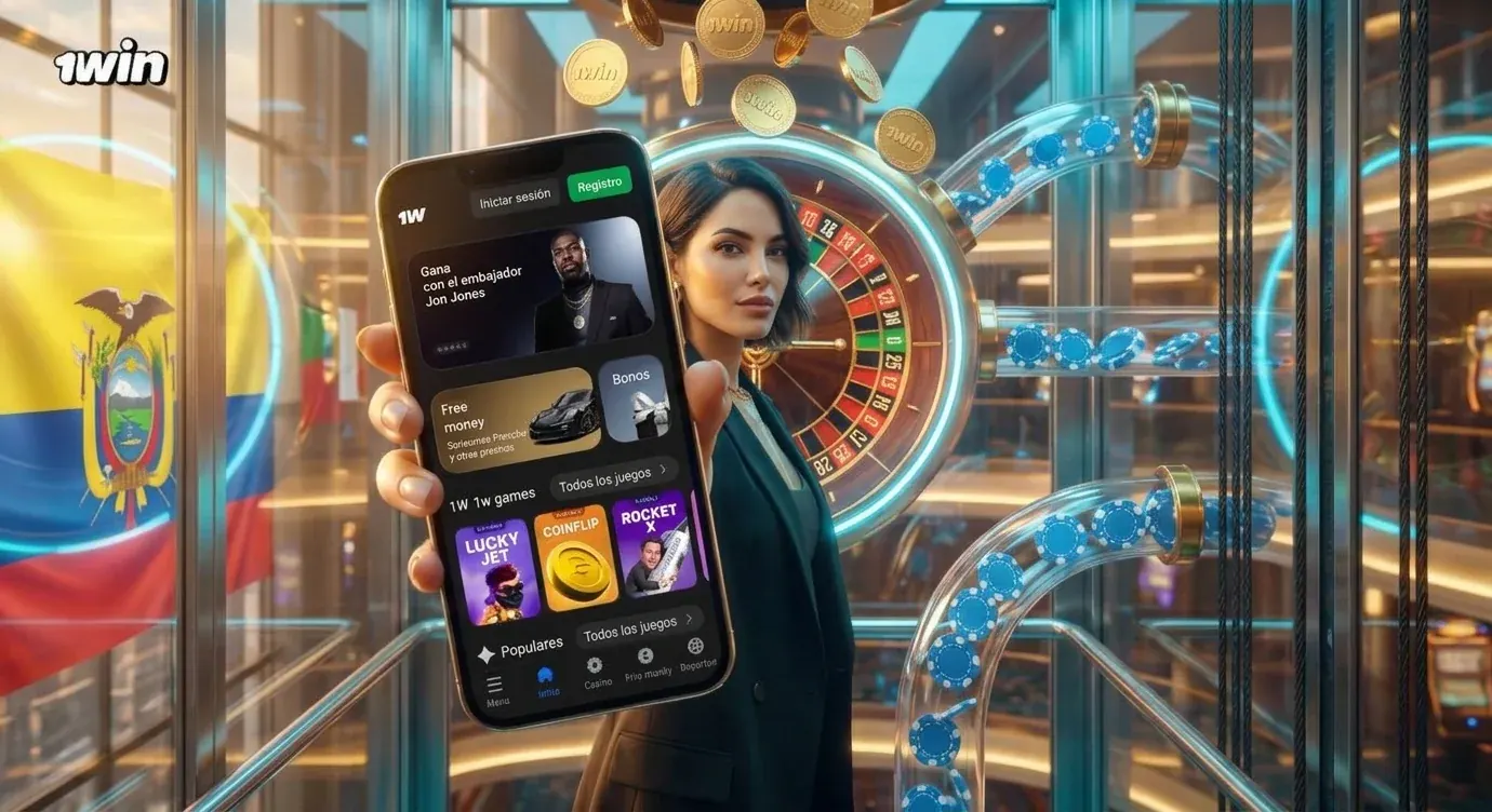Mujer muestra en su celular la página de inicio de 1win dentro de un ascensor de cristal, con una ruleta, monedas doradas, fichas azules y la bandera de Ecuador
